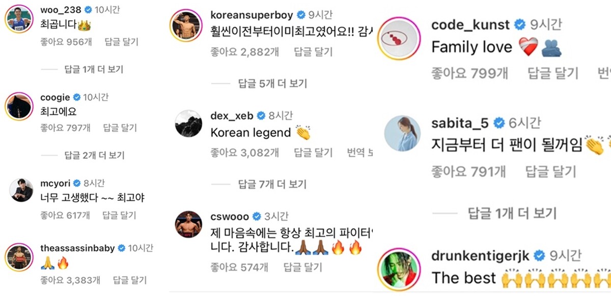 정찬성 인스타 댓글 남긴 국내 유명인들