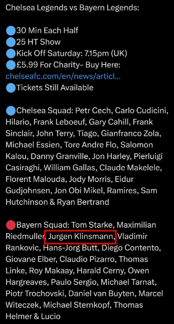 클린스만 감독 첼시 바이에른 뮌헨 레전드 경기 명단 포함
