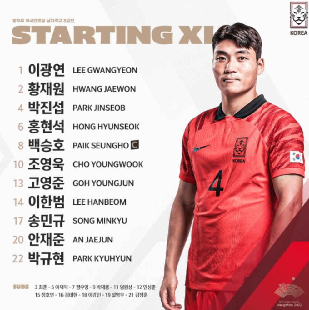 아시안게임 한국 중국 8강전 선발 라인업