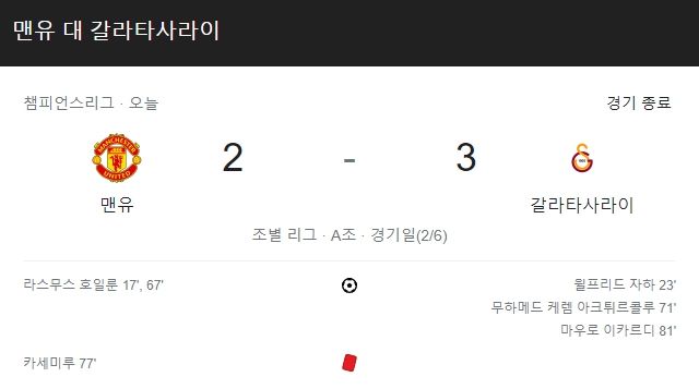 챔피언스리그 맨유 갈라타사라이 3:2 패배