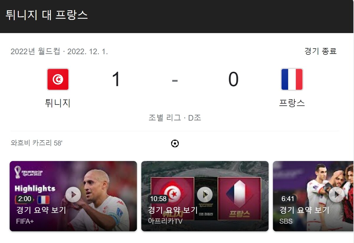 카타르 월드컵 튀니지 프랑스 상대 승리