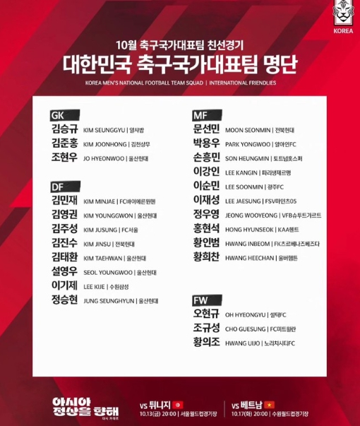 한국 튀니지 베트남 10월 A매치 소집 명단