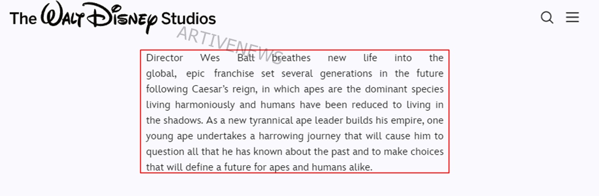 월트 디즈니 측이 공개한 혹성탈출 새로운 시대 시놉시스