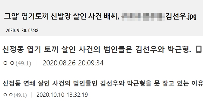온라인 커뮤니티 용의자 실명 특정 글