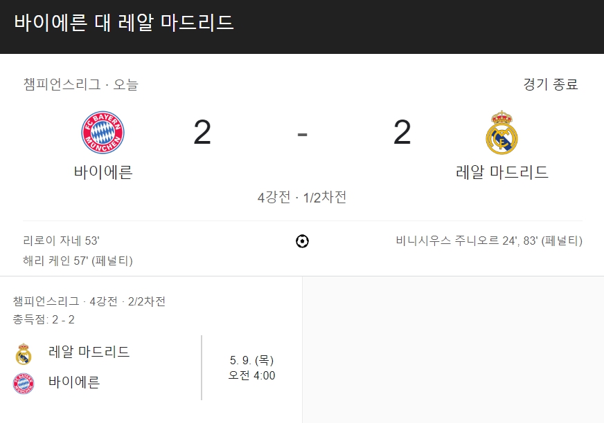 챔피언스리그 준결승 레알 뮌헨 2차전 일정 시간