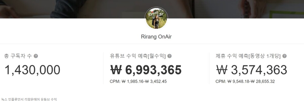 리랑온에어 유튜브 수입
