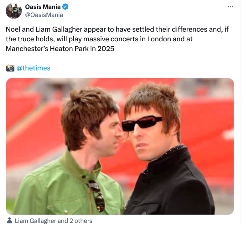 오아시스 재결합 보도 / 영국 더 타임스