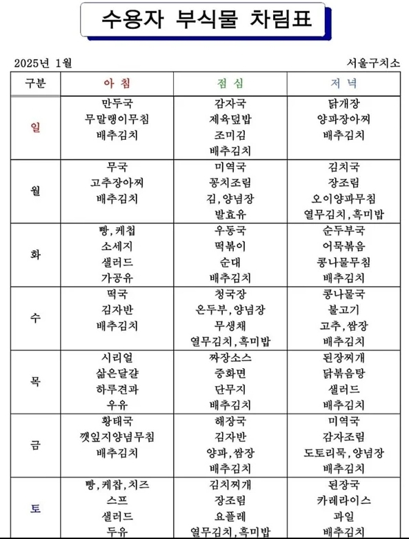 2025년 1월 서울구치소 식단표