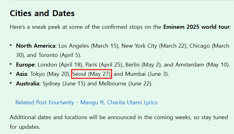 에미넴 내한 공연 언급한 사이트